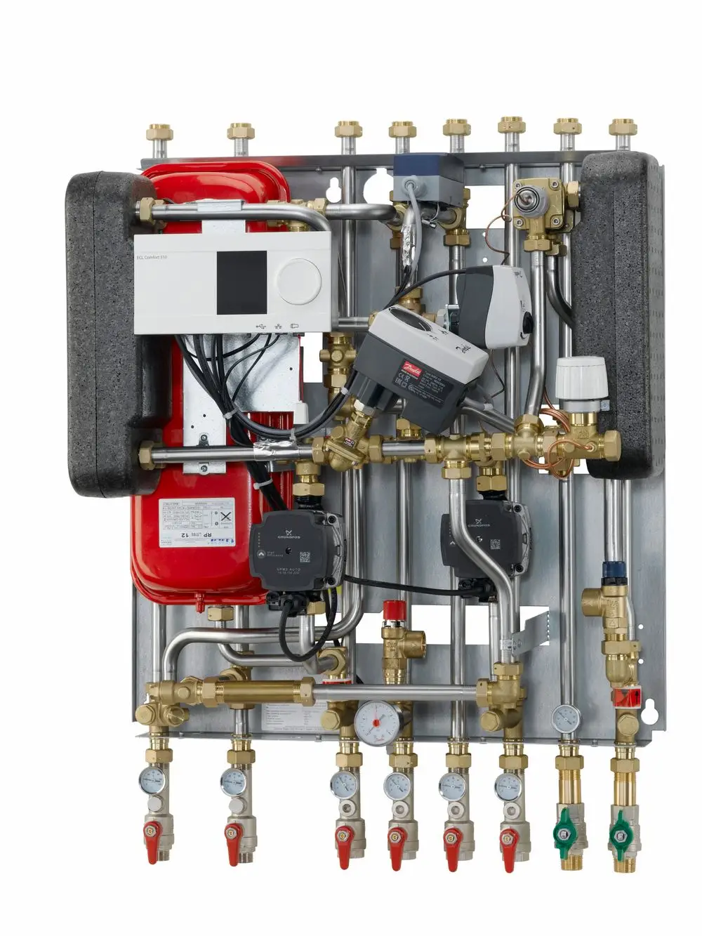 Hausstation zur Heizungsregelung von Danfoss mit verschiedenen Ventilen, Steuerungseinheit und Druckanzeigen für Wasserund Heizungsmanagement.